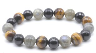 Armband Labradoriet, Zwarte Toermalijn, Tijgeroog kralen 10mm
